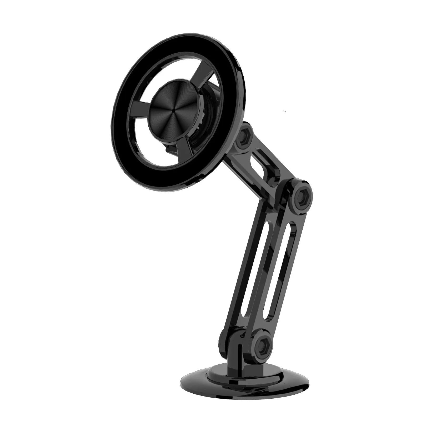 All-metal magnetic car phone holder in black with magnetic rings and adhesives