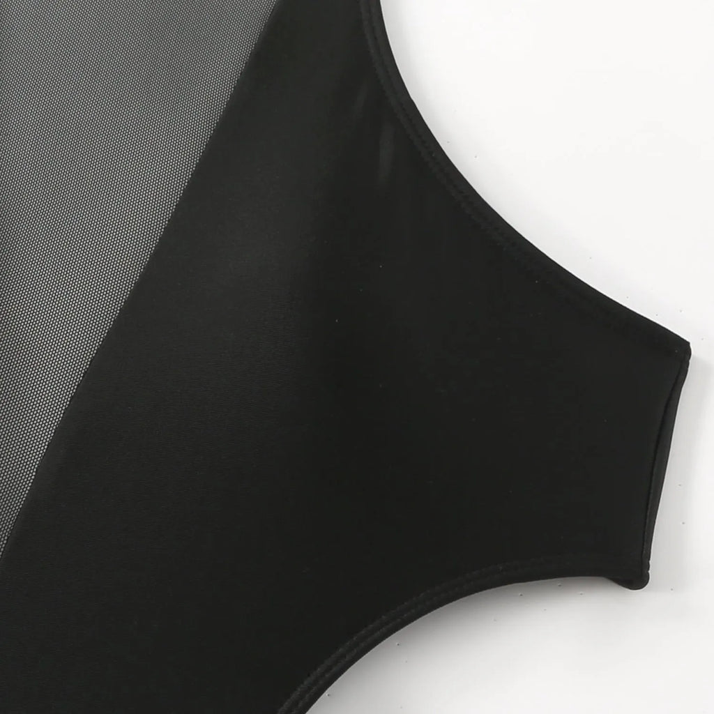 Black one-piece swimsuit for women with an open back design and hollow-out detailing on the straps