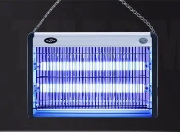 White plastic electric mosquito killing lamp with two UV tubes and metal grid, hanging hook attached