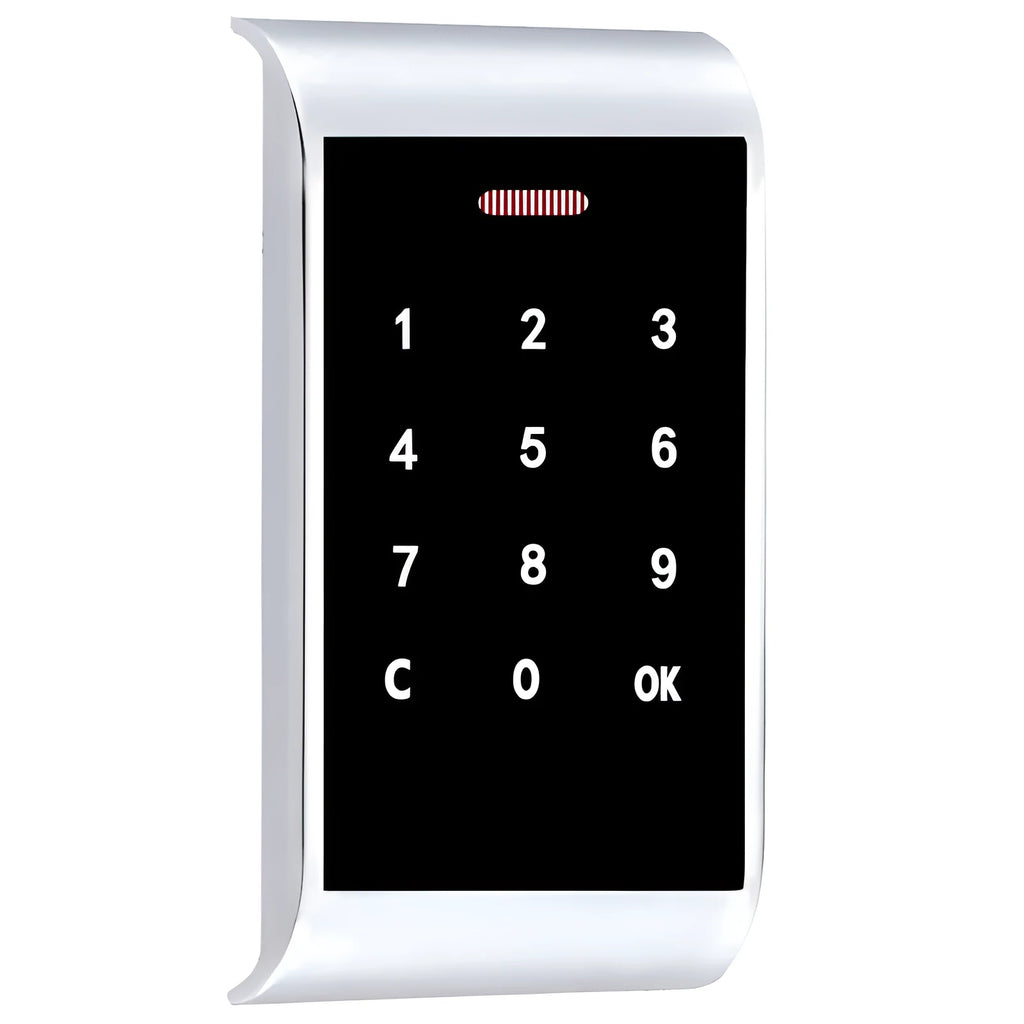 Silver zinc alloy digital code lock showing keypad, with dimensions 11.5 by 5.35 centimetres.