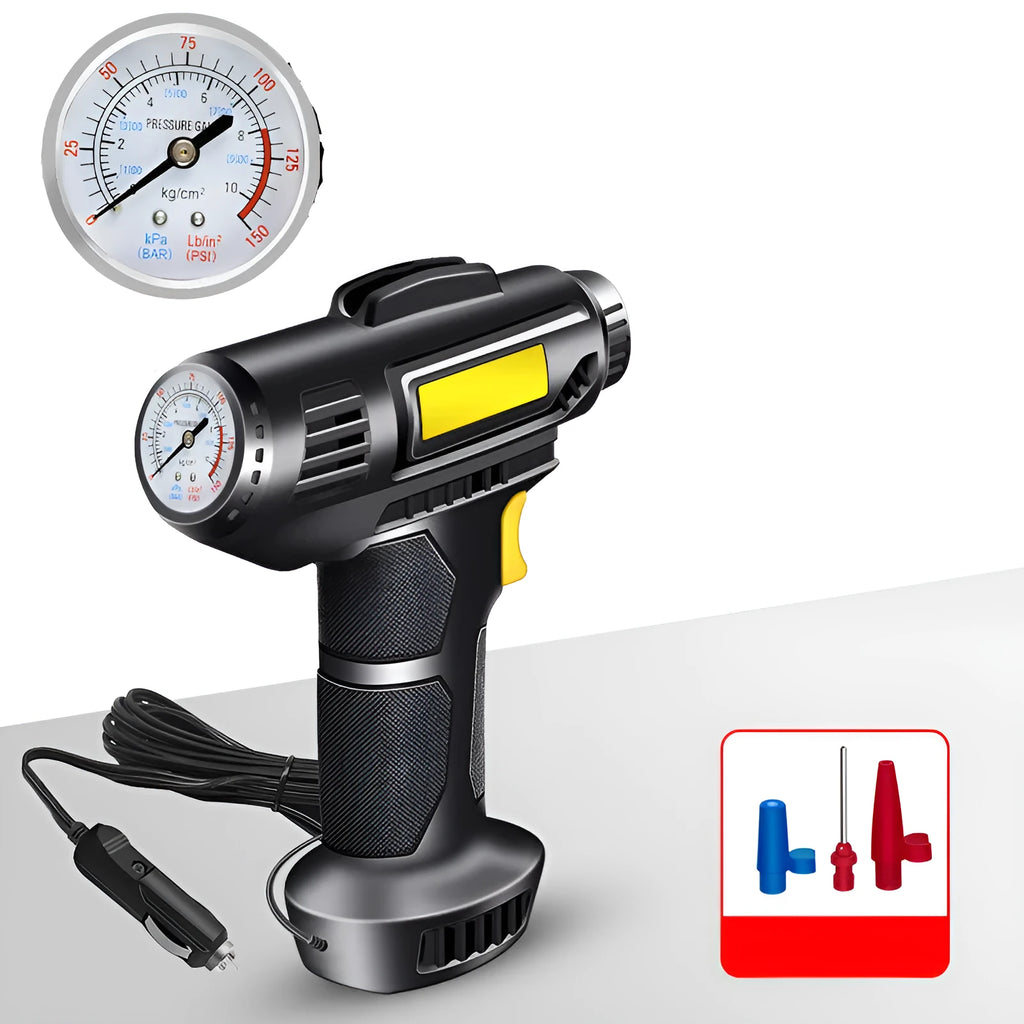 Black wireless digital display electric tyre inflator with USB cable and three air nozzles on a white background.