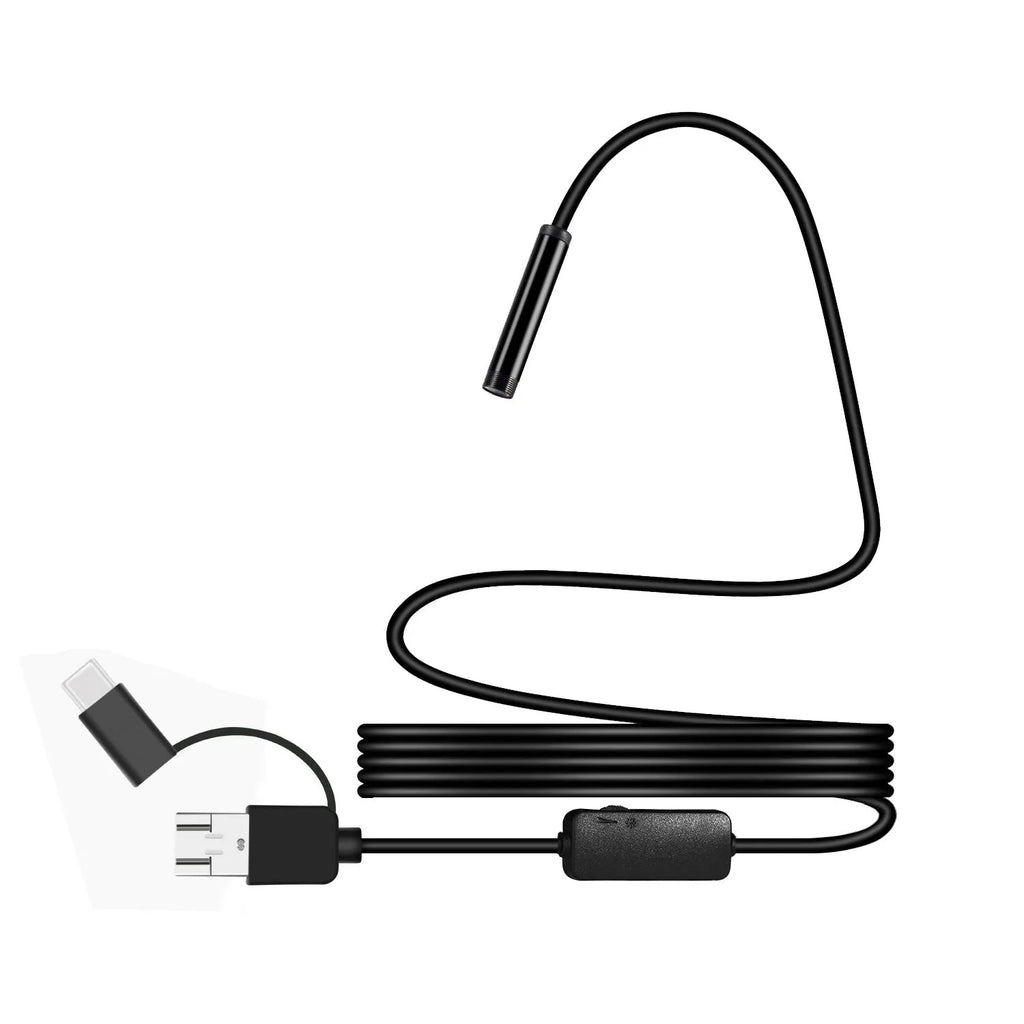 Three-in-one USB endoscope with 5.5mm probe, 640 x 480 resolution, Micro USB and Type-C, black, cable length optional.