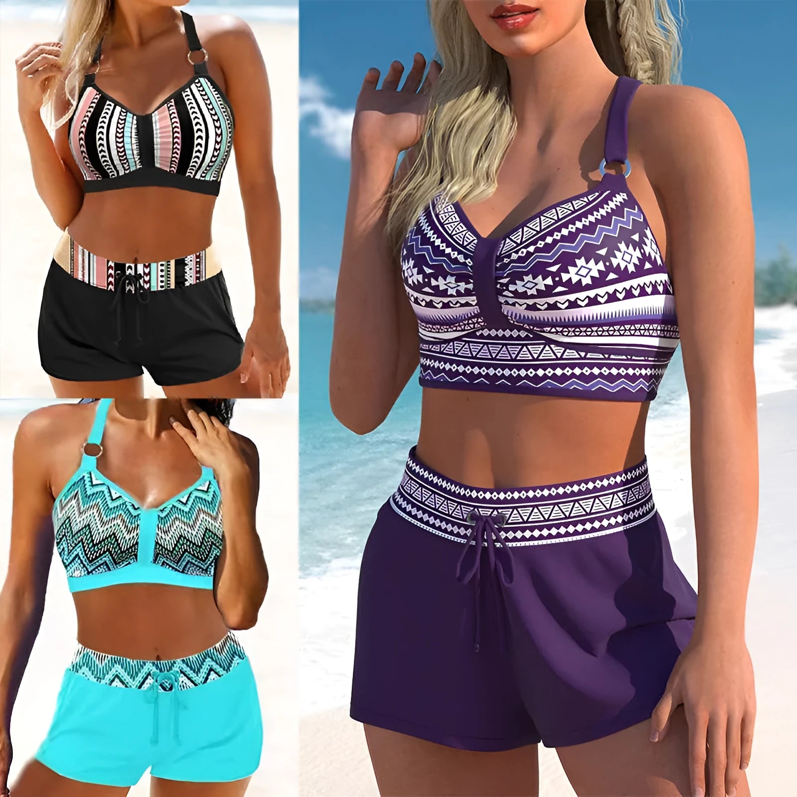 Women's two-piece polyester bikini swimsuit in print patterns and navy blue colour