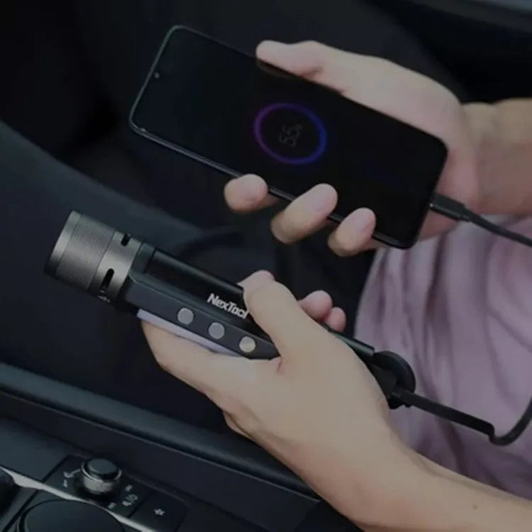 Black portable rechargeable flashlight, 34mm x 160.5mm, with Type-C charging and 1400mAh power bank