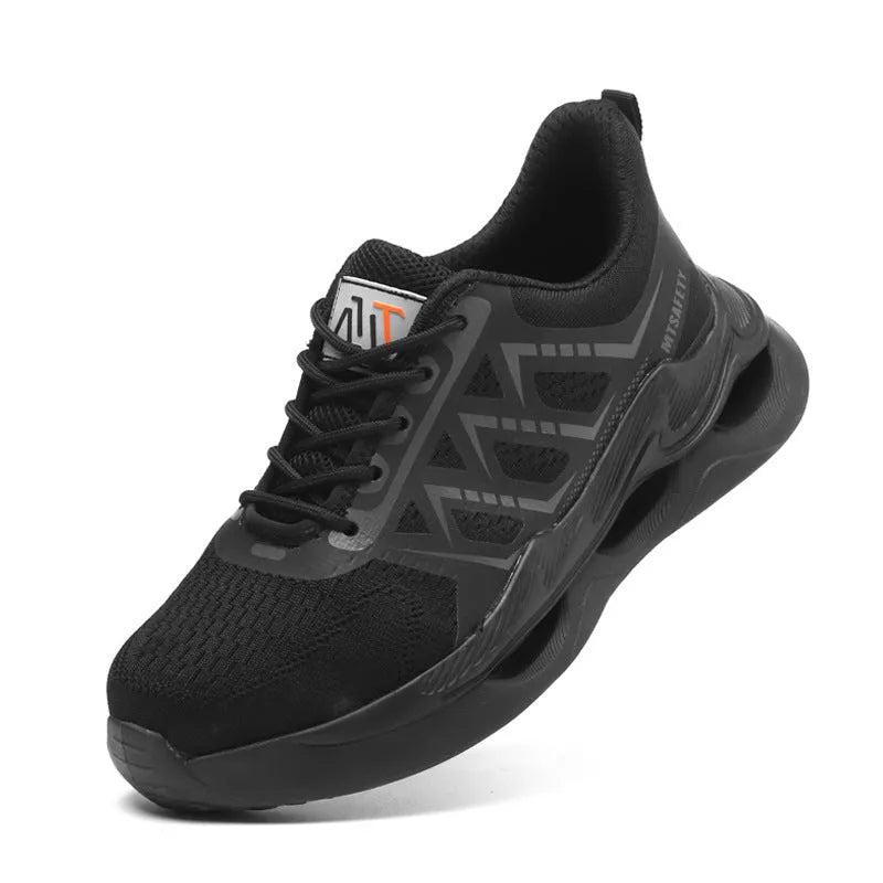 Black steel toe cap labour protection shoes with flat-knitted uppers and lace-up front.
