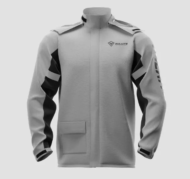 Motorcycle raincoat and rain pants suit in black, gray, green, or orange with hidden shoe covers and storage bag