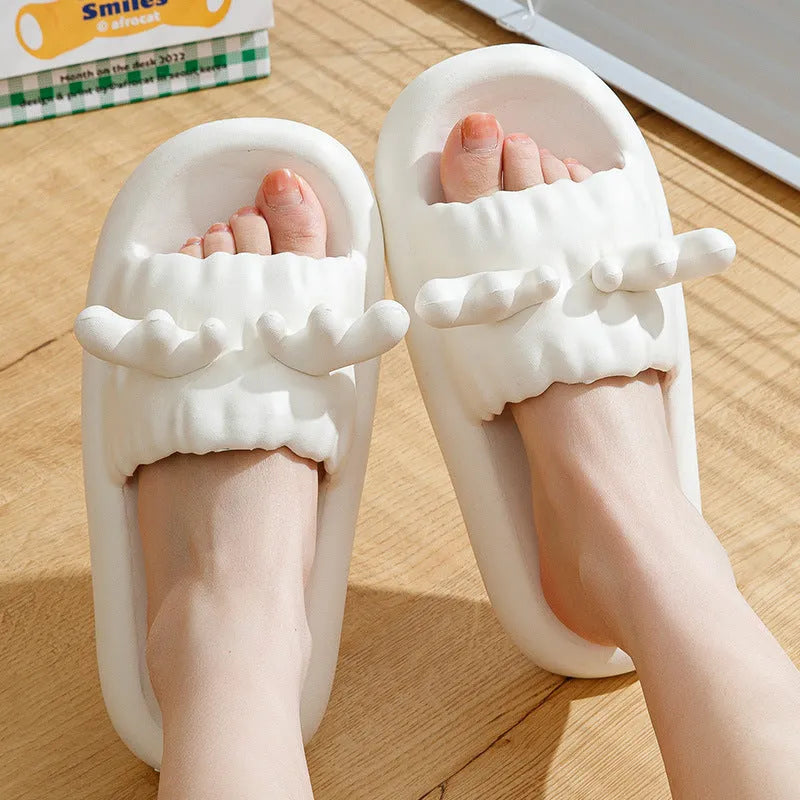 Deer horn pattern flip flop slippers with hollow-out EVA upper and GOOD YEAR non-slip soles in light yellow colour