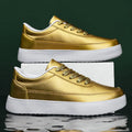 Women's leather flat casual shoes in gold with front lace-up design, suitable for UK sizes 36-44 and all seasons