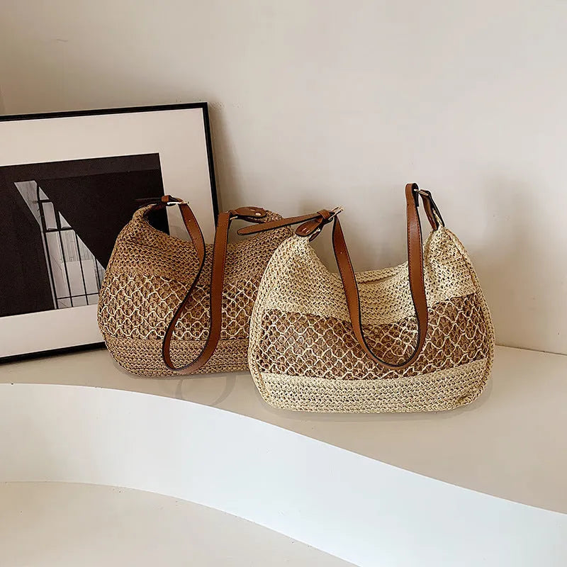 Women's casual straw cross body bag in khaki colour with a sandwich pocket and horizontal square shape.