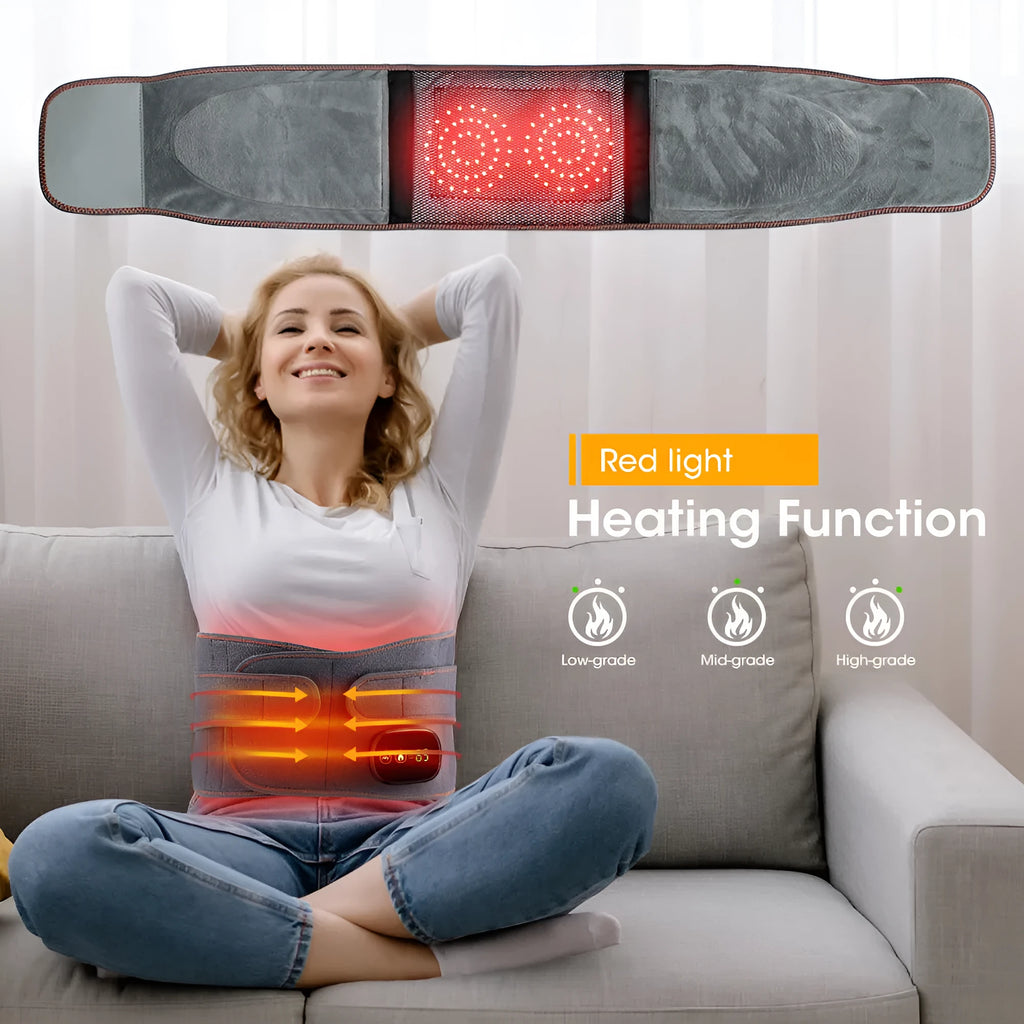 Grey fabric rechargeable electric heating belt with adjustable strap for back and waist warmth.