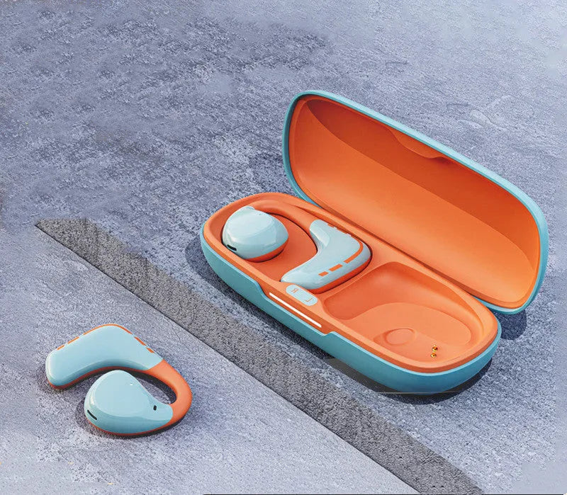 Blue and orange wireless Bluetooth sports headset with ear hook design