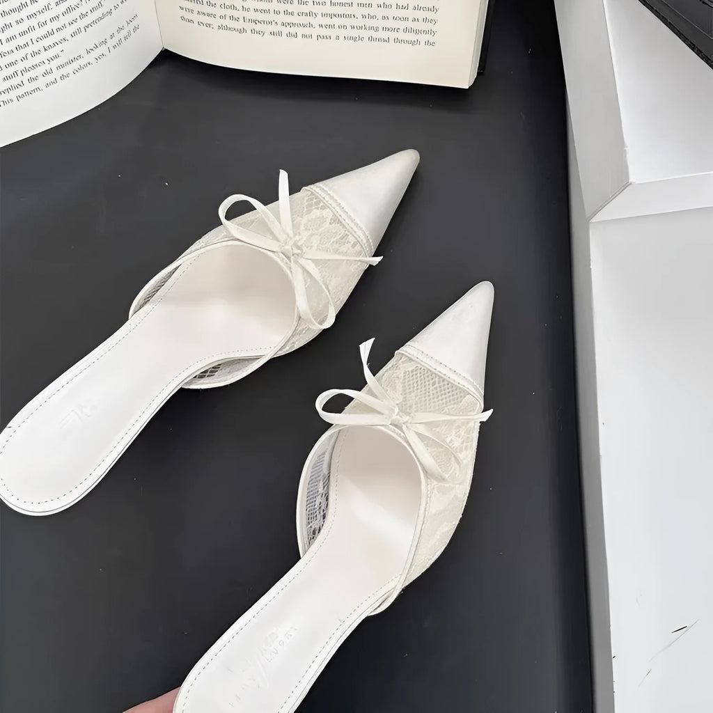 Women's lace pointed toe high heels with bowknot detail in mesh upper and rubber sole