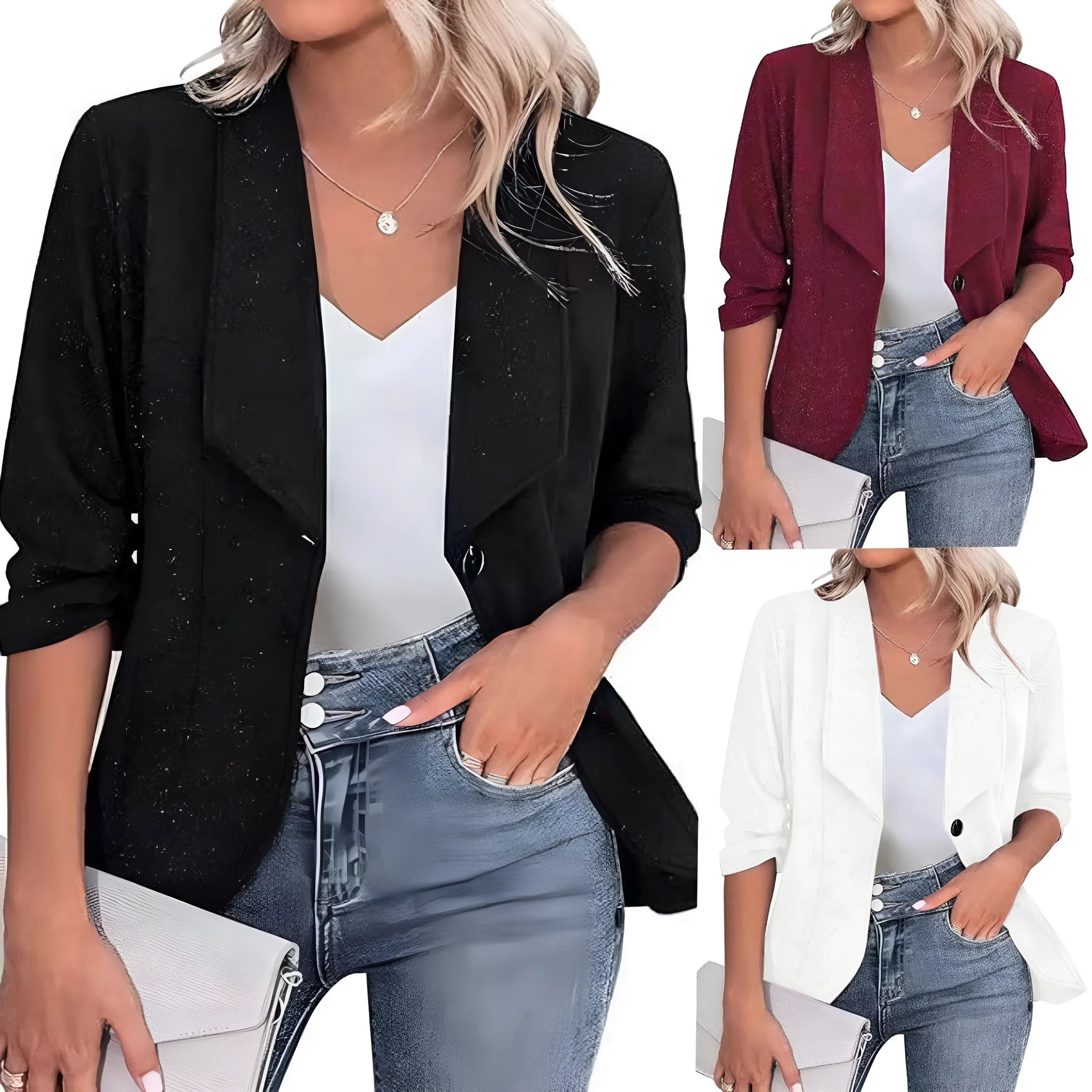 Slim fit polyester cardigan jacket in black, white or wine red with long sleeves