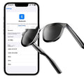 Black AI smart glasses with Bluetooth audio, anti-blue light lenses, and touch control on temple for hands-free calling
