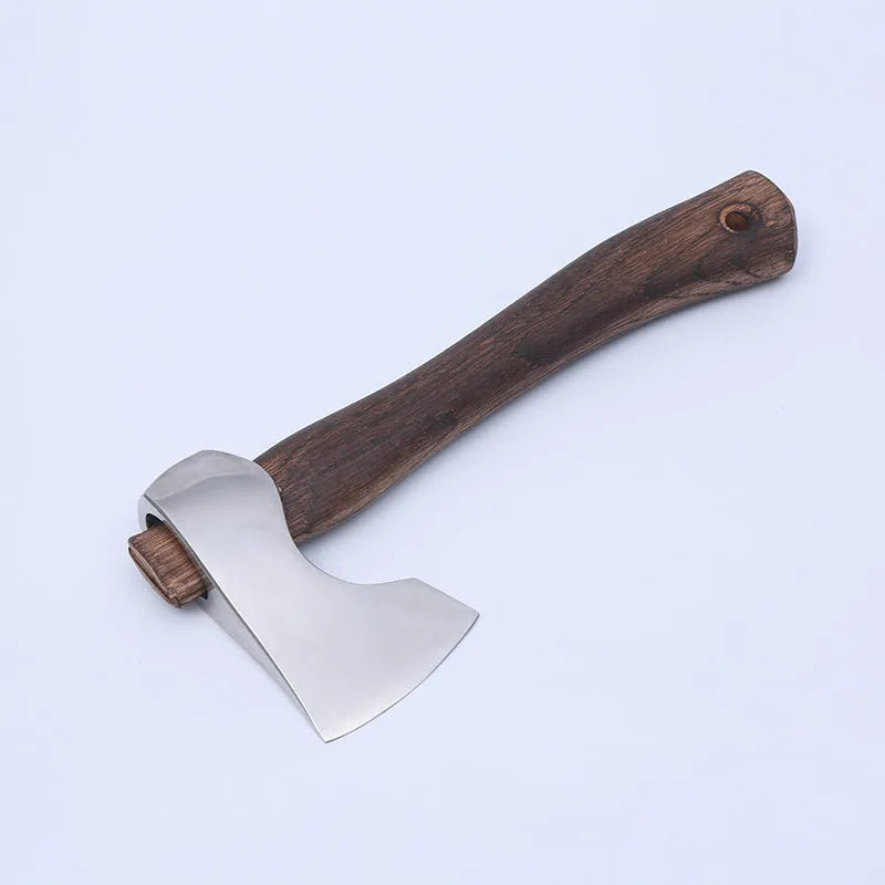 Camping axe with wooden handle and high carbon steel head, measuring 250mm in length with 0.39kg total weight