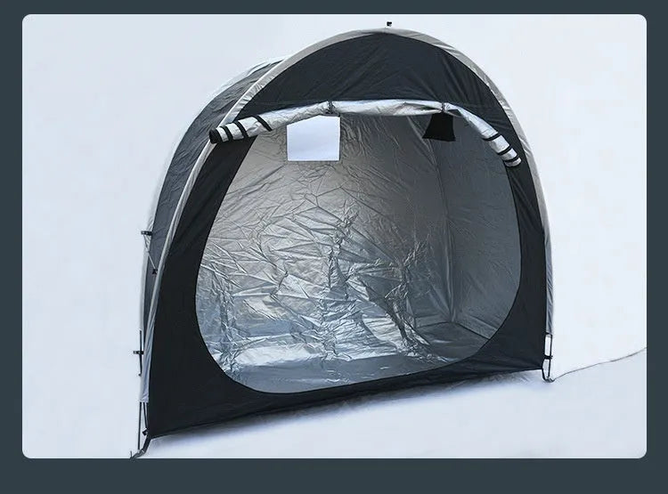Black outdoor bicycle storage tent showing roof-style design suitable for 2-3 bicycles