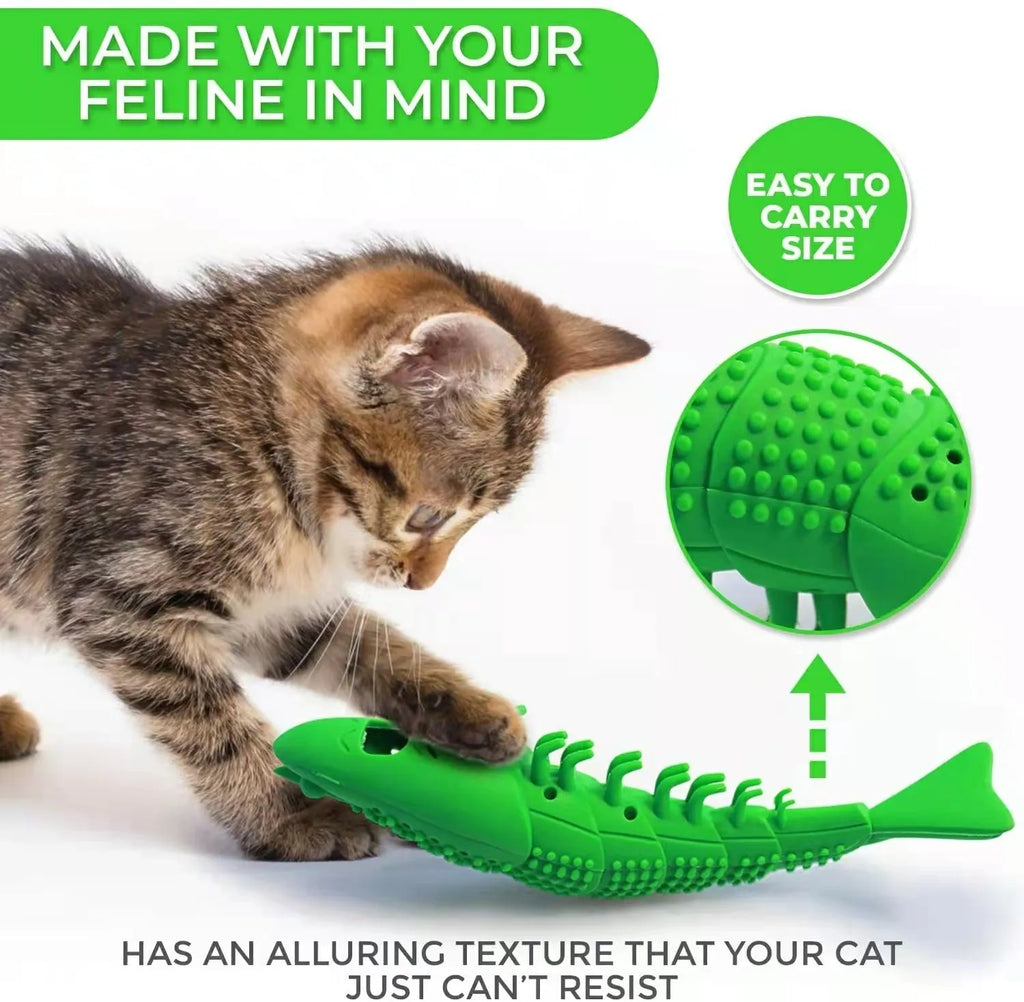 Blue hard rubber cat chew toy with textured surface for dental care during play