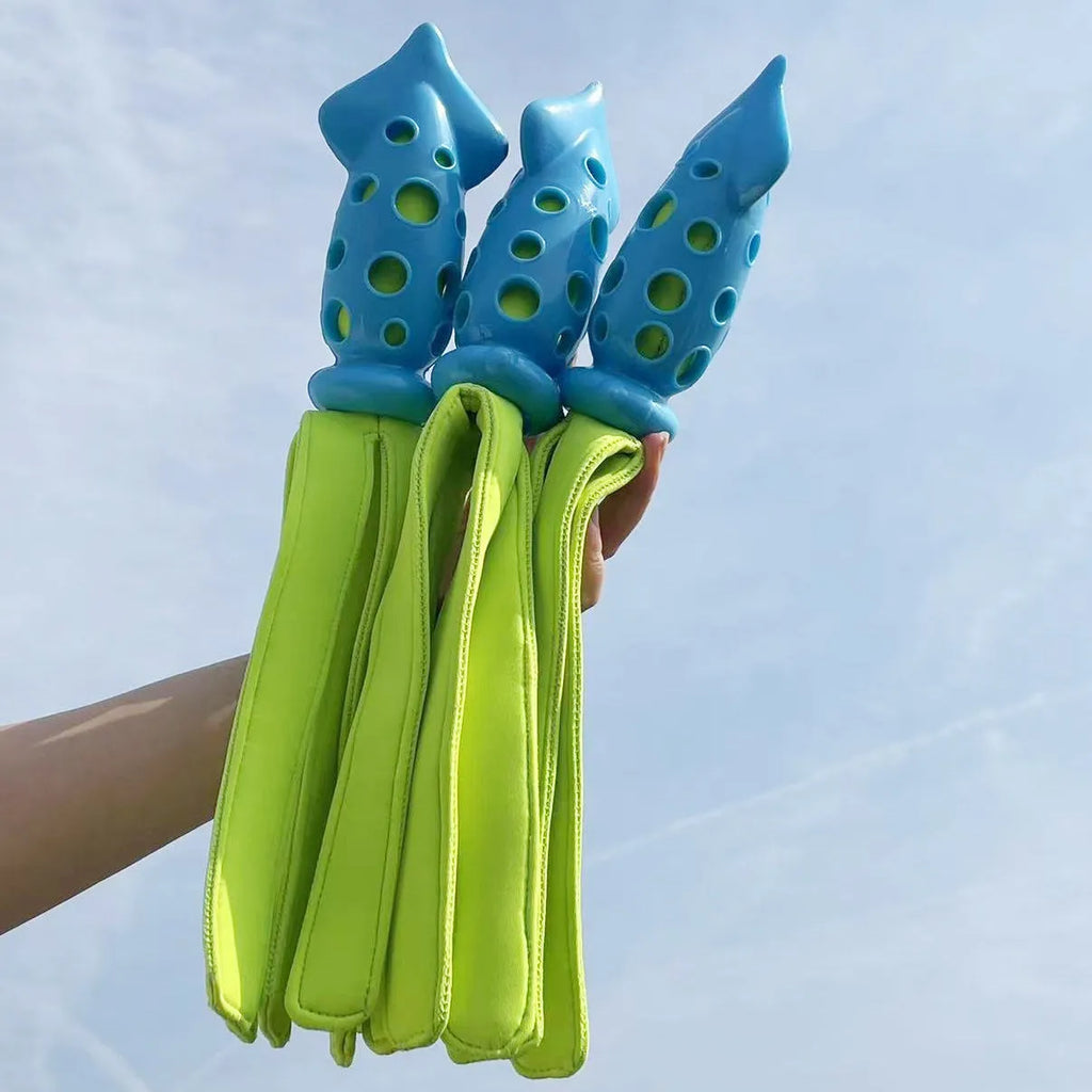 Blue cuttlefish-shaped dog chew toy approximately 39cm long with rubber and waterproof cloth construction