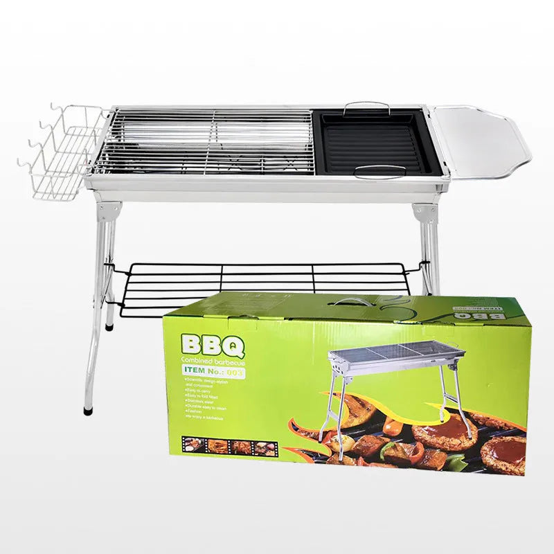 Stainless steel portable barbecue oven with flip design, showing 72cm width and integrated charcoal stove structure