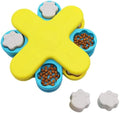 Yellow dog puzzle feeder with three rotating layers and claw-shaped lids for interactive feeding