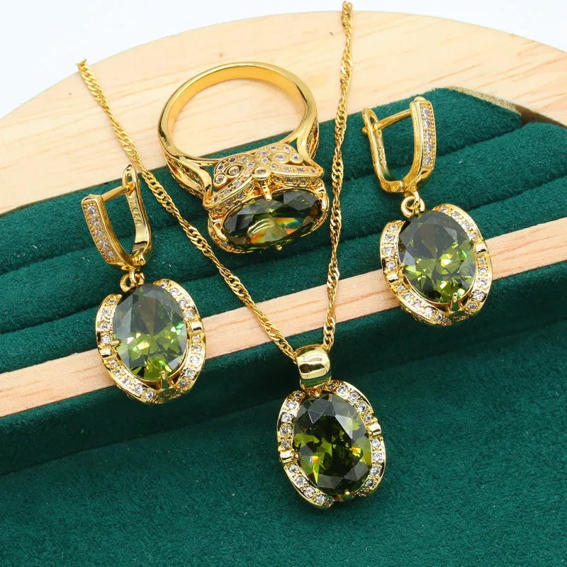 Full rhinestone zircon women's jewellery suit with copper inlay, snake bones chain, in olive green or red colours