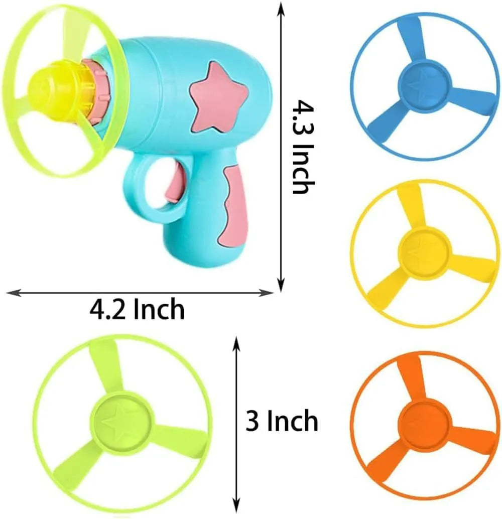 Blue and pink plastic cat toy gun with frisbee measuring 11cm long 10.5cm wide 7.5cm high
