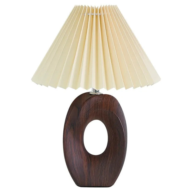 Nordic pleated vintage ceramic small night lamp with beige wood grain base and USB power