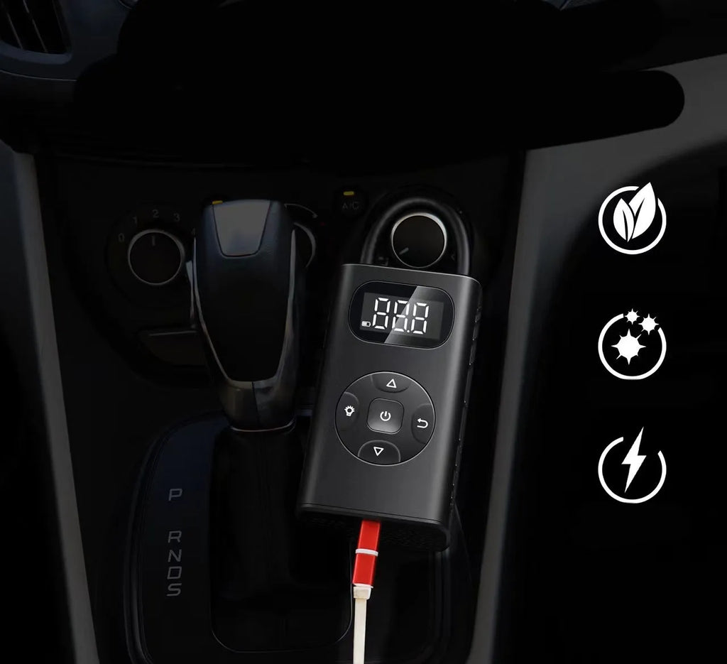 Black power bank tyre inflator with 16cm tube, 12x6.5x4.2cm size, for car motorcycle bicycle inflation