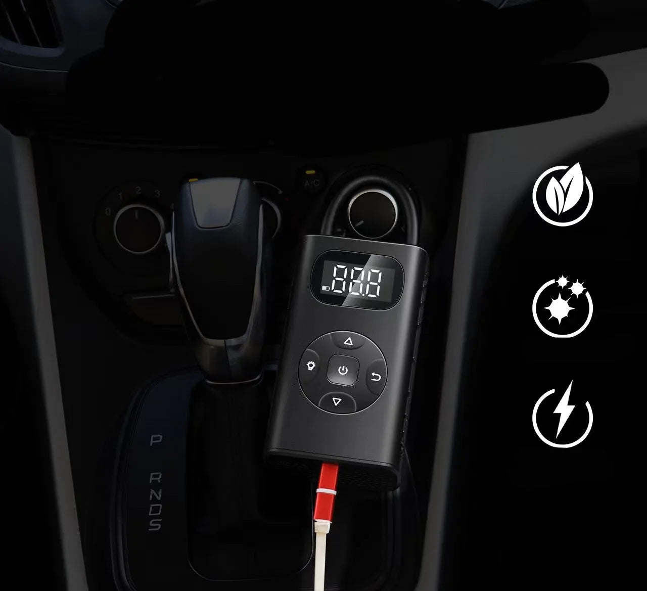 Black power bank tyre inflator with 16cm tube, 12x6.5x4.2cm size, for car motorcycle bicycle inflation