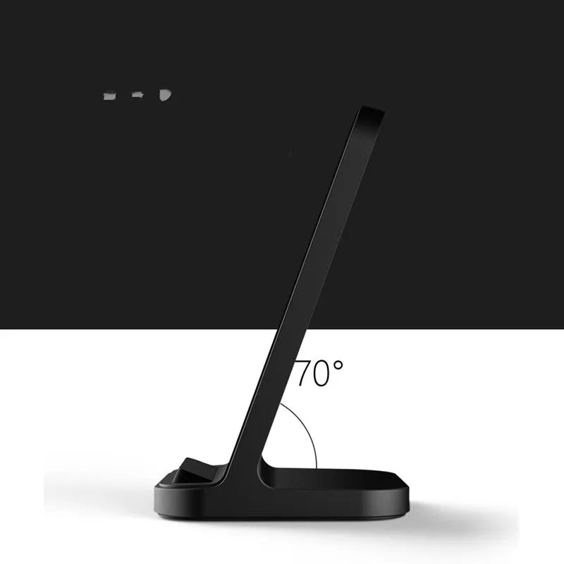 Dark grey vertical wireless charger stand for Apple iPhones measuring 70mm square