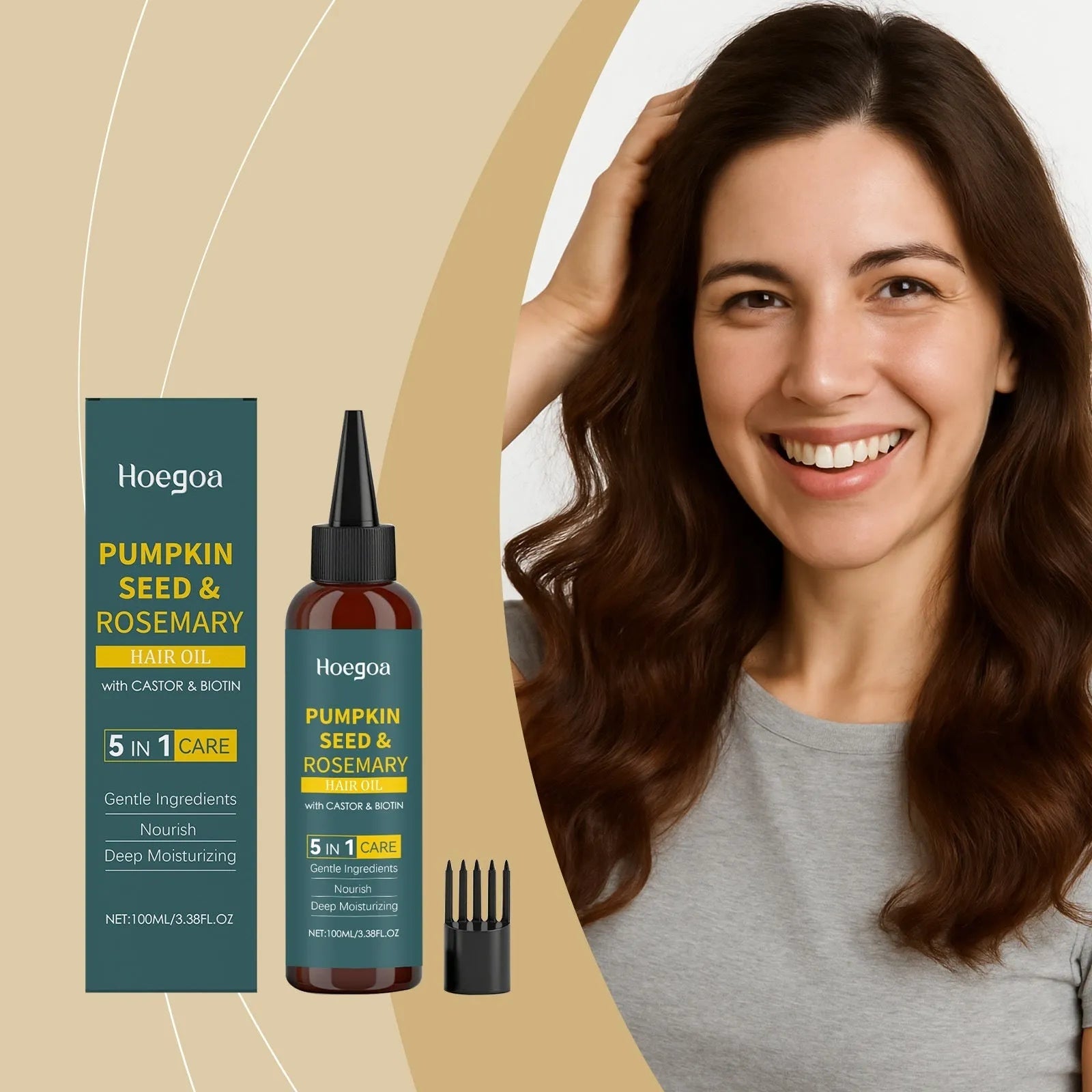 Rosemary hair care essential oil set showing 100ml bottle, pointed applicator tip, and hair comb for scalp treatment