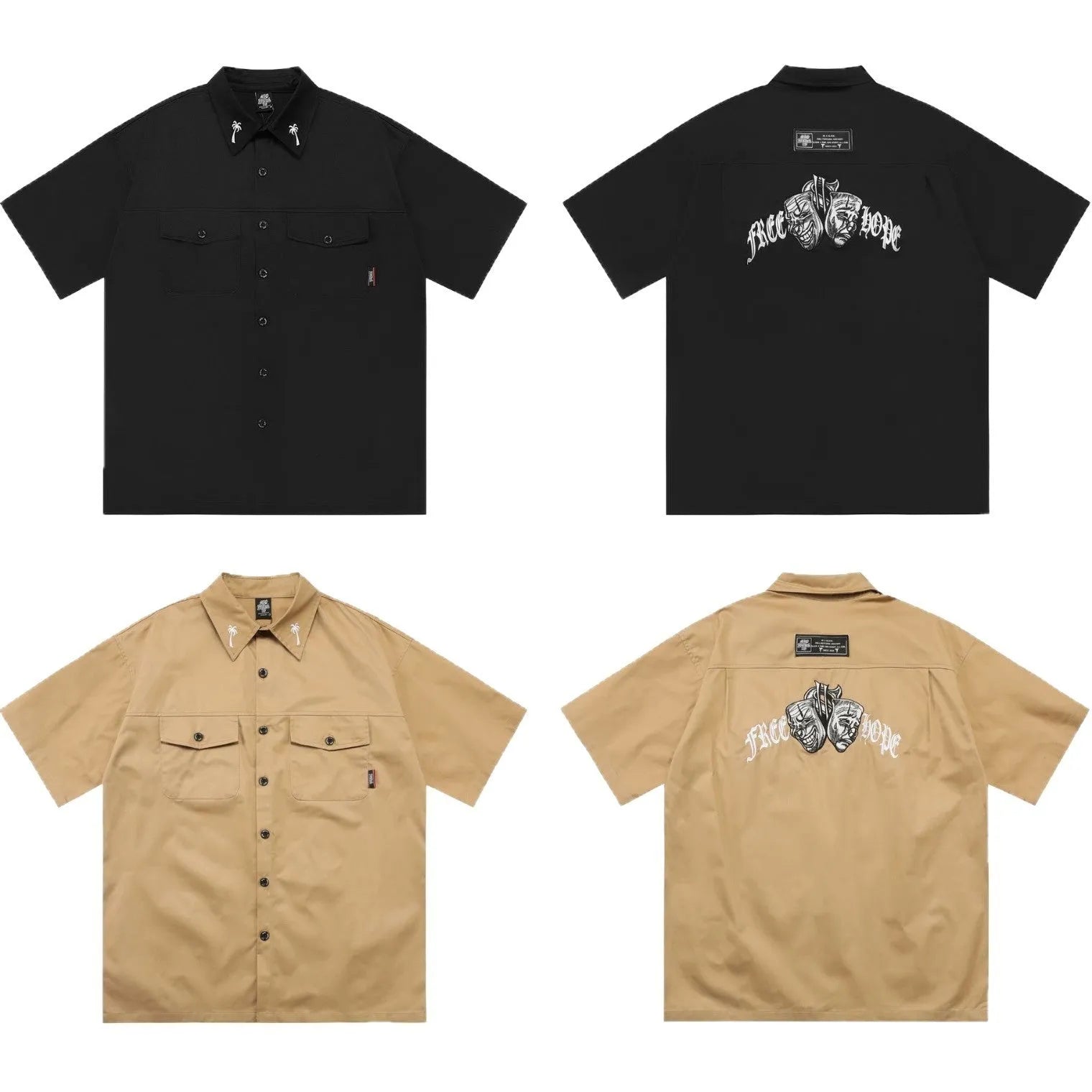Men's black cotton blend work shirt with embroidery detailing and chest pocket