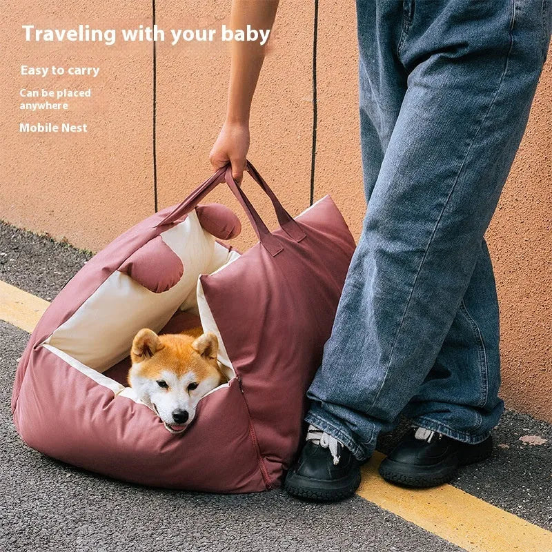 Blue beige removable washable car kennel for dogs, dimensions 70cm long by 60cm wide by 30cm high
