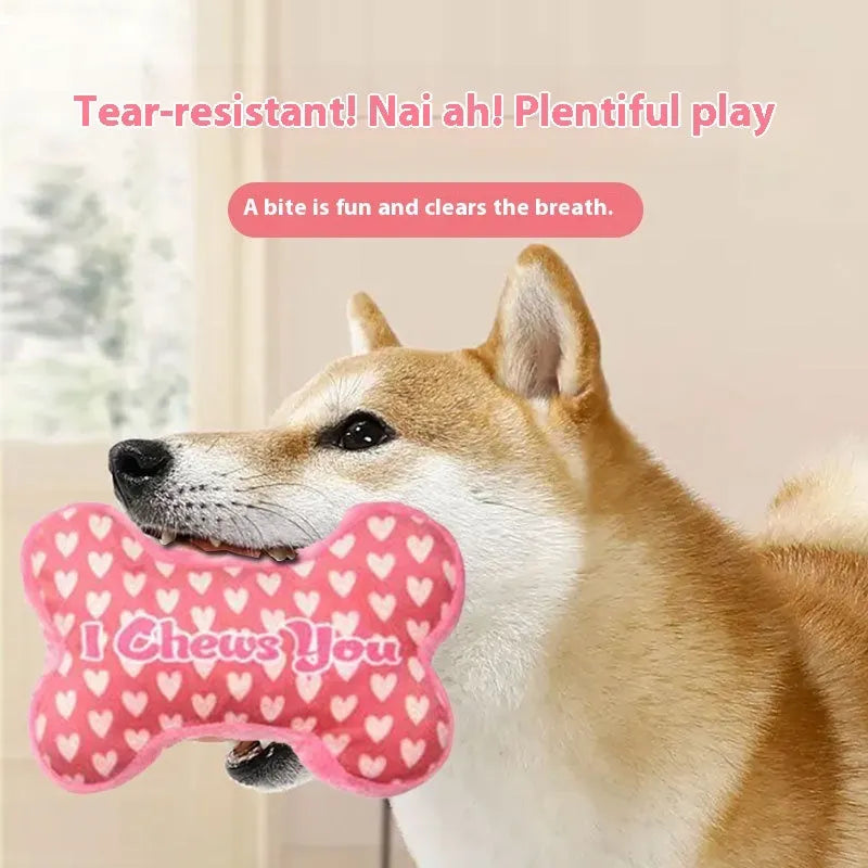 Pet plush tooth cleaning toy with textured surfaces for dental hygiene and vocalisation feature, shown in multiple colour options