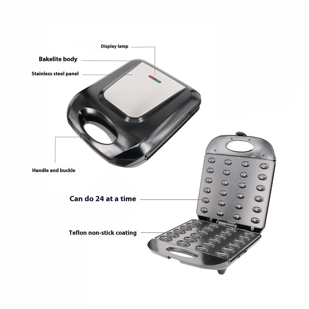 Black countertop nut roasting machine measuring 31cm by 26cm by 11cm.