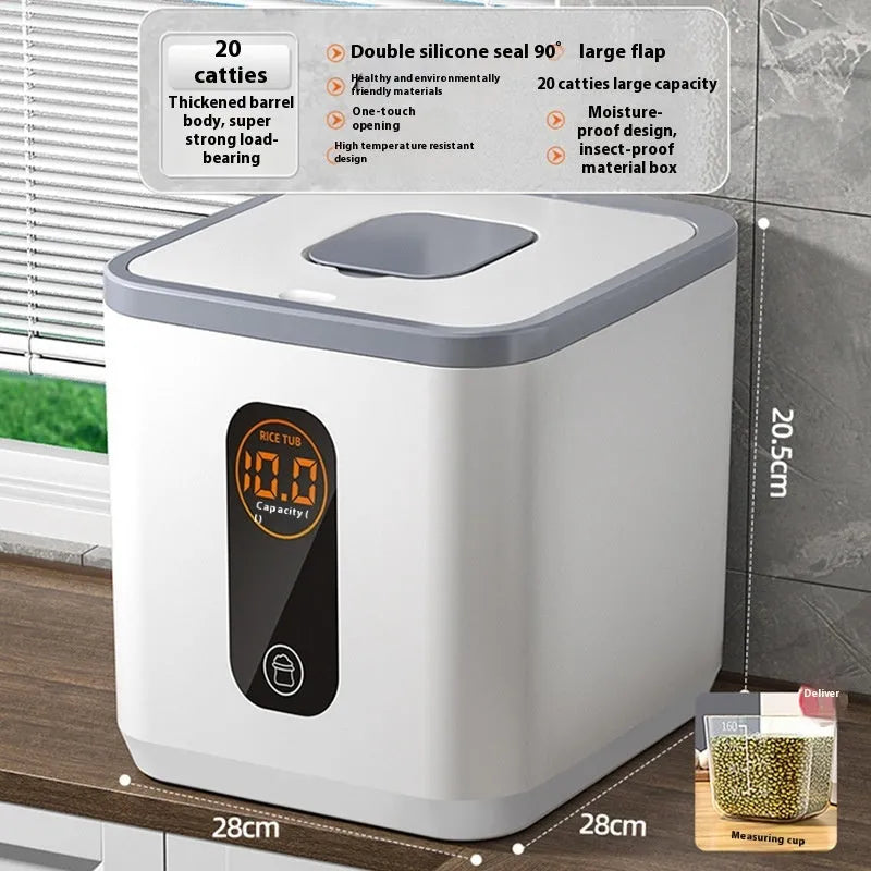 Grey plastic rice storage jar with sealed lid and measuring cup for 10kg 20kg or 30kg capacity