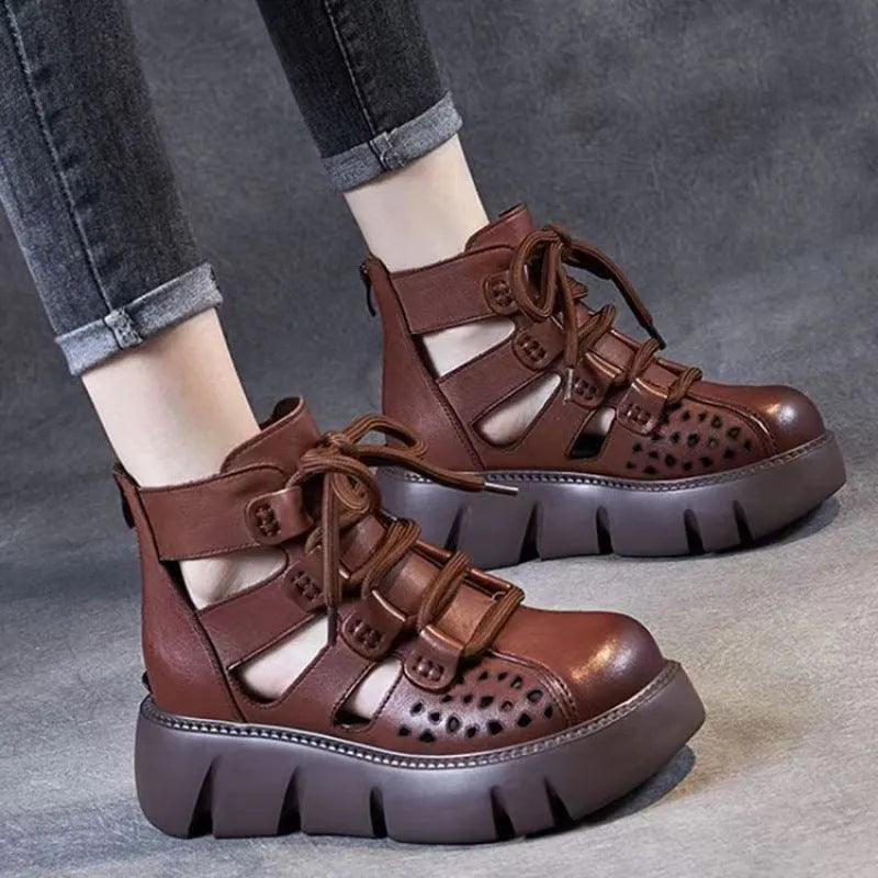 Women's black platform sandals with fish mouth toe and hollow hole design on plush upper
