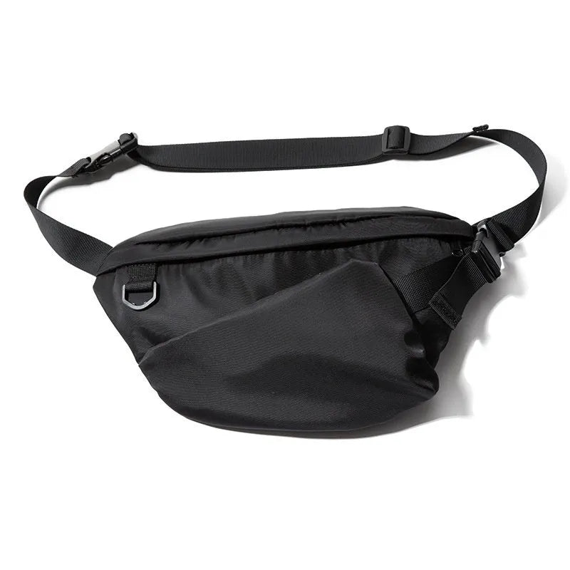 Black men's slanted chest bag with sewing line detail, made from Oxford fabric.