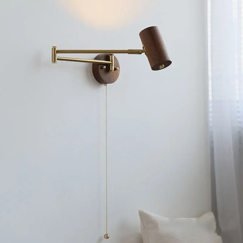 Retro style wall lamp with long rotating arm and built-in switch in walnut finish