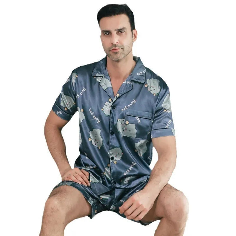 Men's ice silk short sleeve pyjama set in cardigan style on hanger