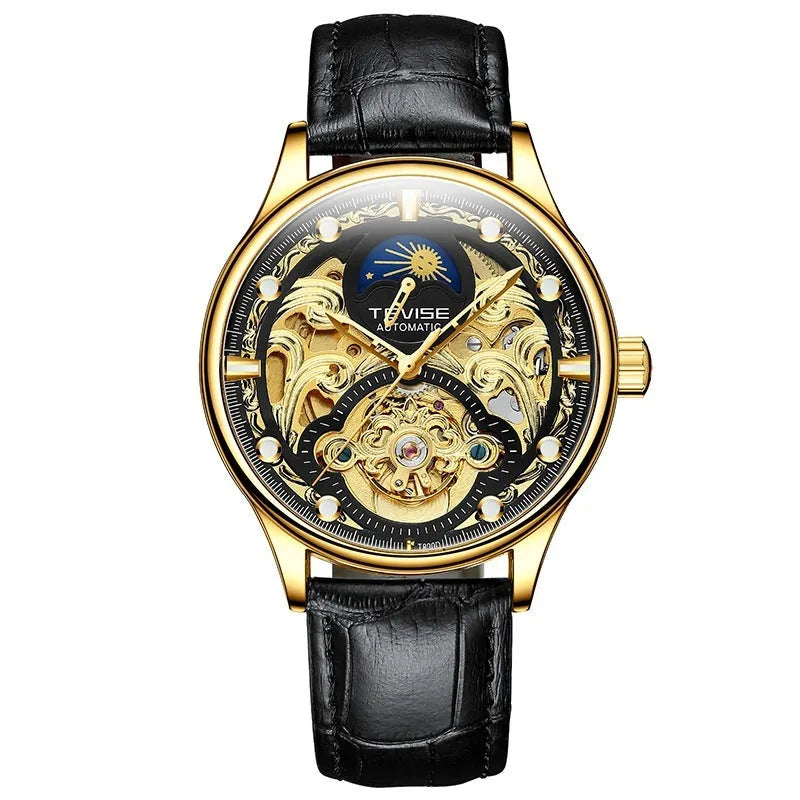 Men's waterproof mechanical watch with gold leather strap, 16mm thickness, and business style design
