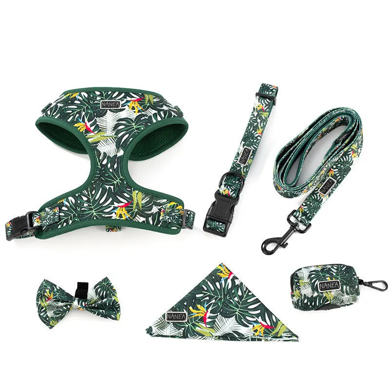 Adjustable vest pet harness set with six pieces including waste bag and decorative bow
