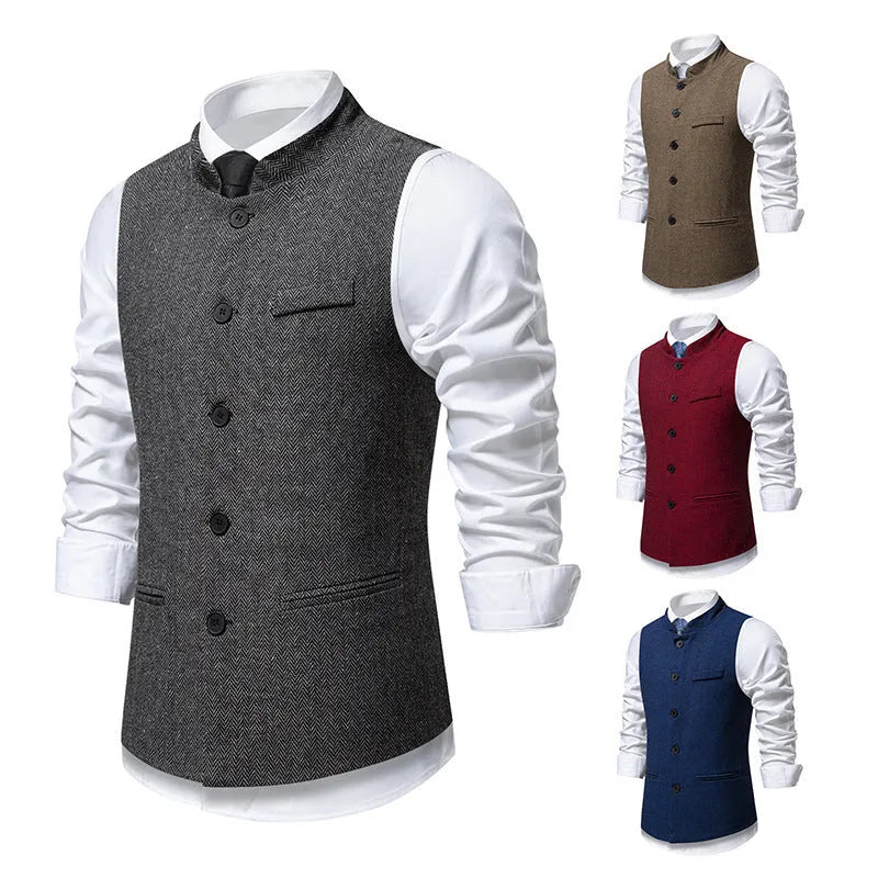 Men's retro stand collar herringbone suit vest, solid colour, polyester blend, sizes S to 2XL