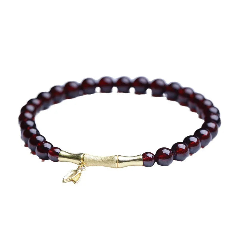 Natural garnet bamboo joint single ring bracelet with 6mm diameter in copper or silver finish