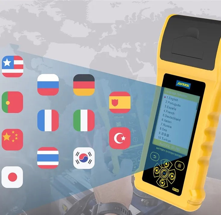 Autool BT760 handheld vehicle battery tester with colour screen and attached test clips on a workshop bench