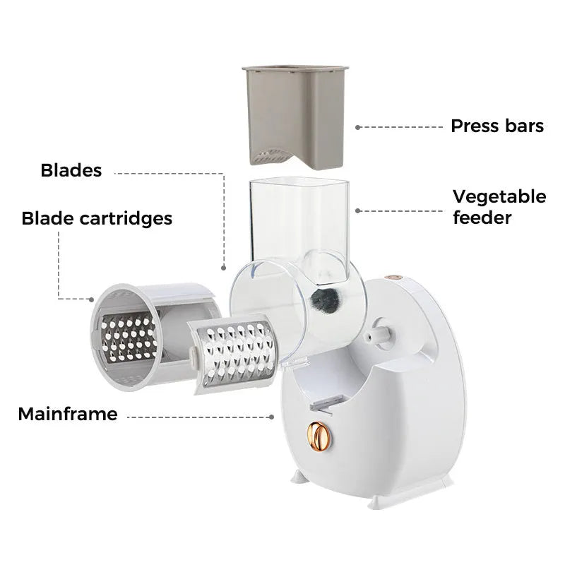 White electric vegetable slicer with rotary grater mechanism and suction base on kitchen counter