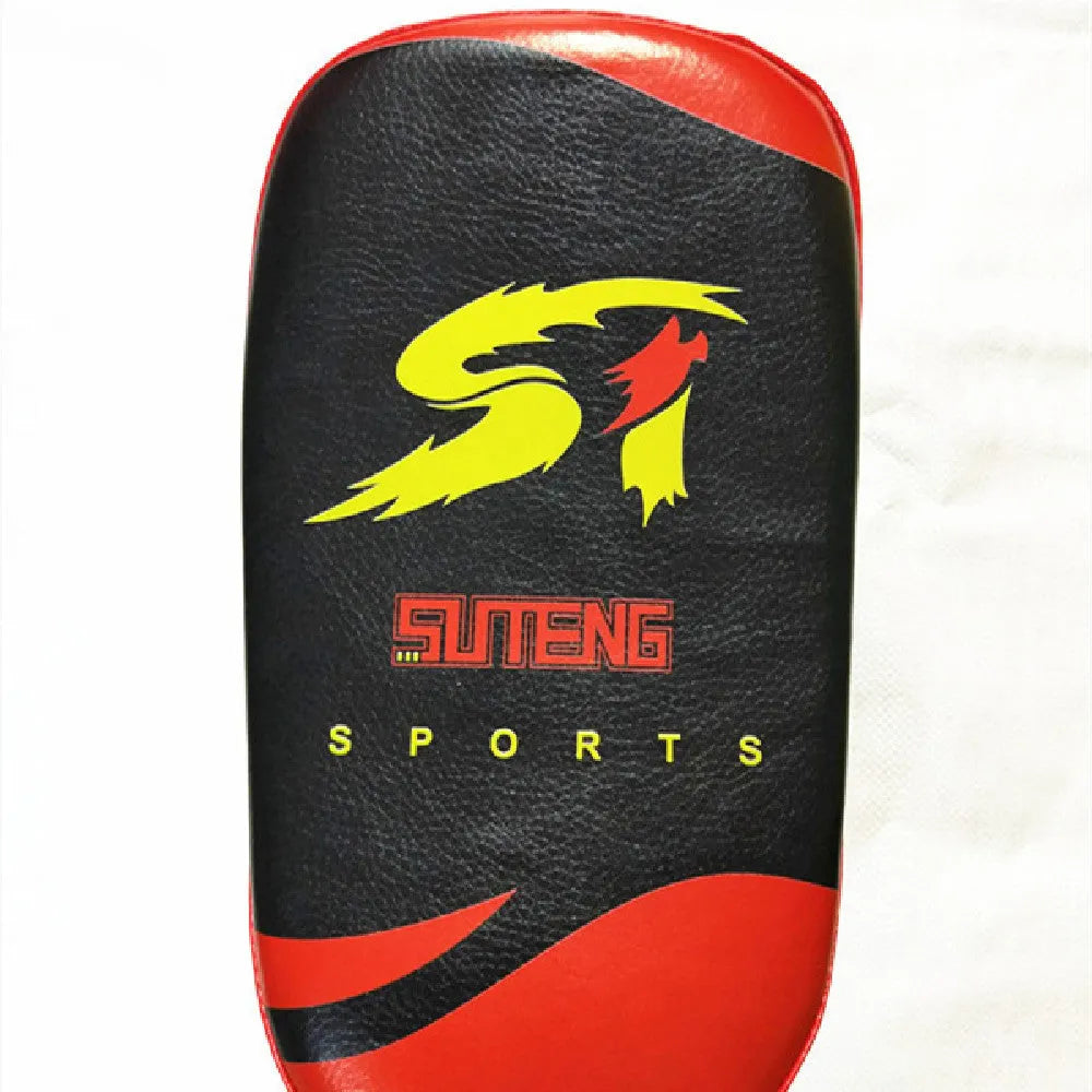 Black and red hand-held martial arts target pad showing double buckle strap on back