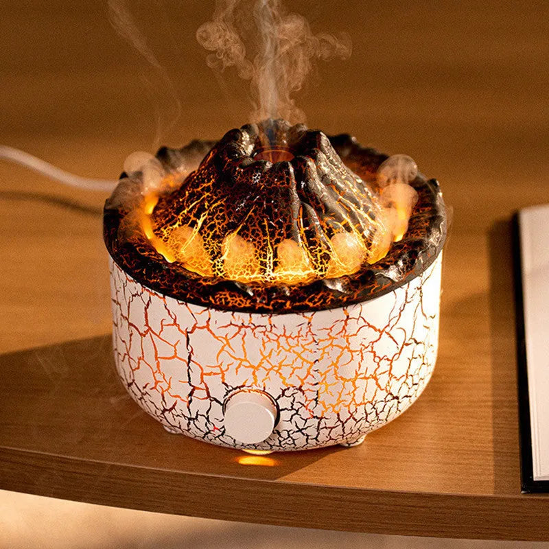 Volcanic humidifier diffuser with colourful flame effect mist and LED lighting