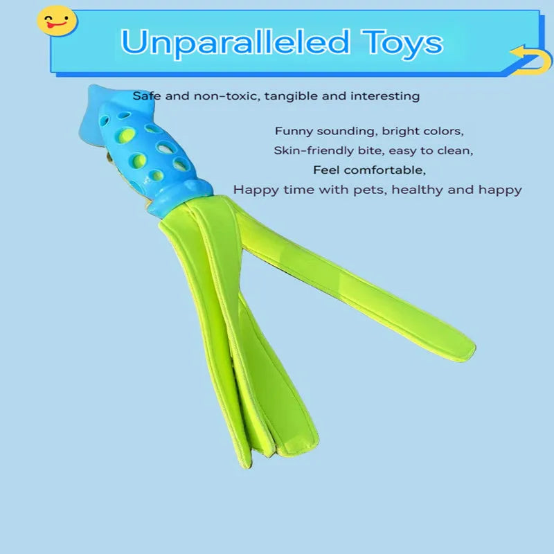 Blue cuttlefish-shaped dog chew toy approximately 39cm long with rubber and waterproof cloth construction