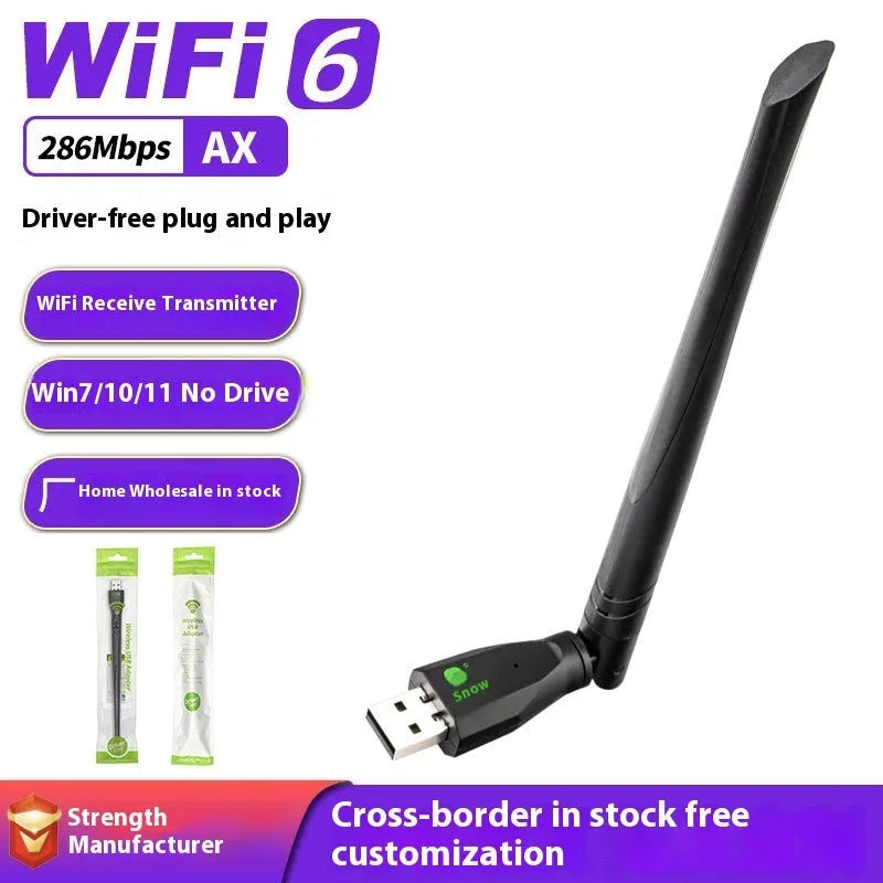 Black USB WiFi6 wireless network card with compact design for driver-free computer connectivity